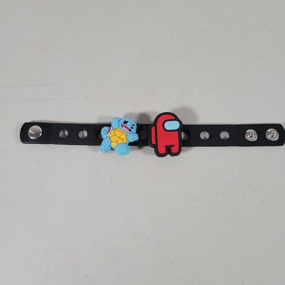 Shoe Charm Rubber Bracelet Holder With 2 Charms - 7" Long Laid Flat in 1st Pic